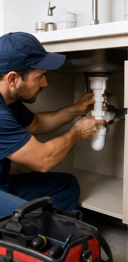 Plumber fitting drain pipework under a kitchen sink